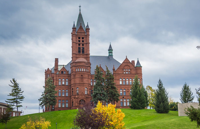 Crouse College building exterior in the spring